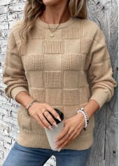 Patchwork Light Coffee Long Sleeve Round Neck Sweater