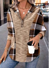 Plaid Patchwork Dark Coffee Long Sleeve Hoodie