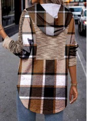 Plaid Patchwork Dark Coffee Long Sleeve Hoodie