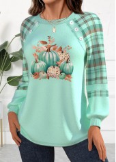 Striped Pumpkin Print Button Mint Green Long Sleeve Sweatshirt