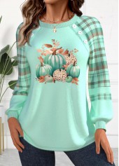 Striped Pumpkin Print Button Mint Green Long Sleeve Sweatshirt