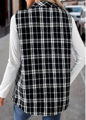 Plaid Patchwork Black Sleeveless Turn Down Collar Waistcoat