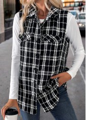 Plaid Patchwork Black Sleeveless Turn Down Collar Waistcoat