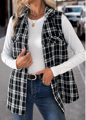 Plaid Patchwork Black Sleeveless Turn Down Collar Waistcoat