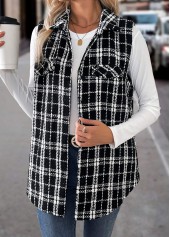 Plaid Patchwork Black Sleeveless Turn Down Collar Waistcoat
