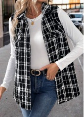 Plaid Patchwork Black Sleeveless Turn Down Collar Waistcoat