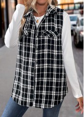 Plaid Patchwork Black Sleeveless Turn Down Collar Waistcoat