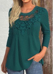 Patchwork Blackish Green Long Sleeve Round Neck T Shirt