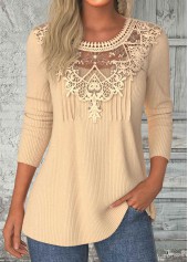 Patchwork Light Camel Long Sleeve Round Neck T Shirt