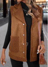 Patchwork Dark Coffee Sleeveless Turn Down Collar Waistcoat