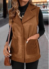 Patchwork Dark Coffee Sleeveless Turn Down Collar Waistcoat