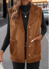 Patchwork Dark Coffee Sleeveless Turn Down Collar Waistcoat