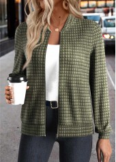 Jacquard Olive Green Long Sleeve Stand Collar Jacket