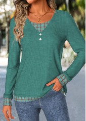 Plaid Turquoise Long Sleeve Fake Two Piece Twinset