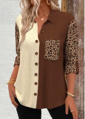 Leopard Patchwork Dark Camel Long Sleeve Corduroy Shirt