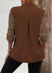Leopard Patchwork Dark Camel Long Sleeve Corduroy Shirt