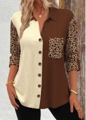 Leopard Patchwork Dark Camel Long Sleeve Corduroy Shirt