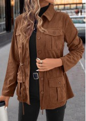 Drawstring Dark Coffee Long Sleeve Shirt Collar Coat