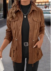 Drawstring Dark Coffee Long Sleeve Shirt Collar Coat