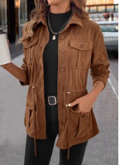 Drawstring Dark Coffee Long Sleeve Shirt Collar Coat