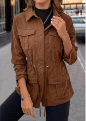 Drawstring Dark Coffee Long Sleeve Shirt Collar Coat