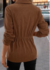 Drawstring Dark Coffee Long Sleeve Shirt Collar Coat