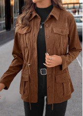 Drawstring Dark Coffee Long Sleeve Shirt Collar Coat