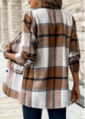Plaid Button Dark Camel Long Sleeve Lapel Coat