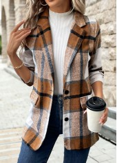Plaid Button Dark Camel Long Sleeve Lapel Coat