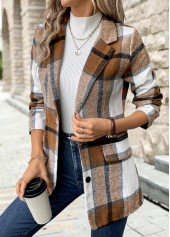 Plaid Button Dark Camel Long Sleeve Lapel Coat