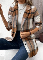 Plaid Button Dark Camel Long Sleeve Lapel Coat