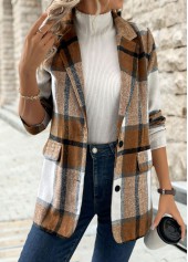 Plaid Button Dark Camel Long Sleeve Lapel Coat