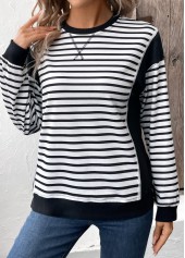 Striped Patchwork Black Long Sleeve Round Neck Sweatshirt