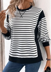 Striped Patchwork Black Long Sleeve Round Neck Sweatshirt