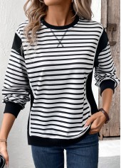 Striped Patchwork Black Long Sleeve Round Neck Sweatshirt