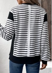 Striped Patchwork Black Long Sleeve Round Neck Sweatshirt