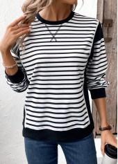 Striped Patchwork Black Long Sleeve Round Neck Sweatshirt