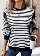Striped Patchwork Black Long Sleeve Round Neck Sweatshirt