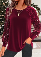 Christmas Ruched Wine Red Round Neck T Shirt