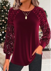Christmas Ruched Wine Red Round Neck T Shirt