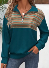Multi Stripe Print Patchwork Turquoise Long Sleeve Sweatshirt