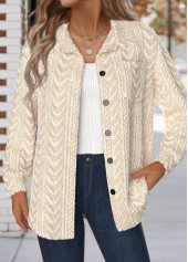 Button Beige Long Sleeve Turn Down Collar Jacket