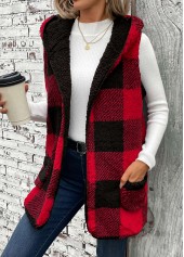 Plaid Patchwork Red Sleeveless Hooded Waistcoat