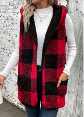 Plaid Patchwork Red Sleeveless Hooded Waistcoat