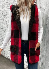 Plaid Patchwork Red Sleeveless Hooded Waistcoat