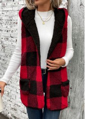 Plaid Patchwork Red Sleeveless Hooded Waistcoat