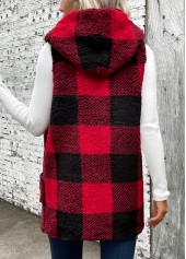 Plaid Patchwork Red Sleeveless Hooded Waistcoat