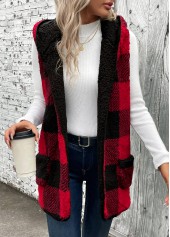 Plaid Patchwork Red Sleeveless Hooded Waistcoat