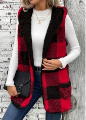 Plaid Patchwork Red Sleeveless Hooded Waistcoat