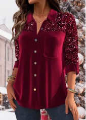 Sequin Velvet Wine Red Long Sleeve Shirt